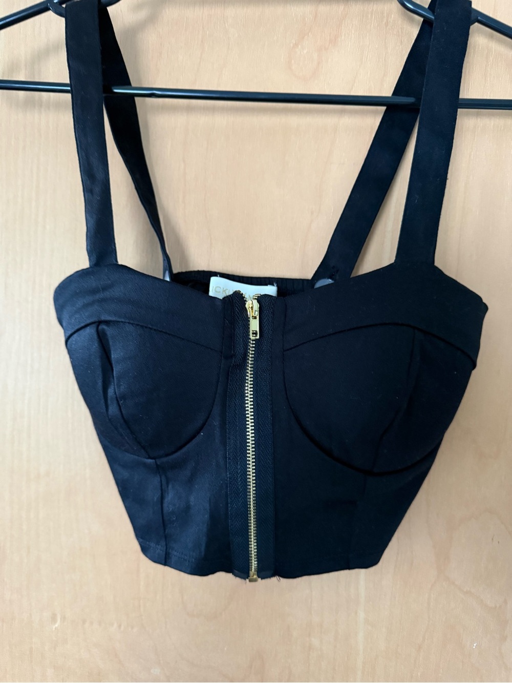 Black Bustier Crop Top with Front Gold Zipper